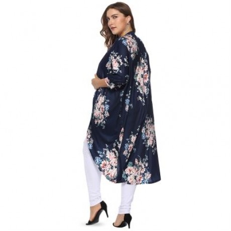 Collarless 3/4 Sleeve Floral Print Plus Size Kimono Women Open Front Blouse (CADETBLUE)