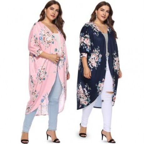 Collarless 3/4 Sleeve Floral Print Plus Size Kimono Women Open Front Blouse (CADETBLUE)