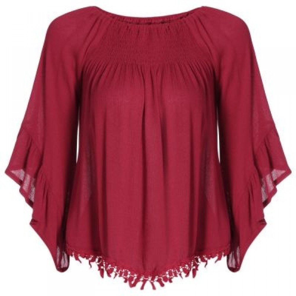 Sexy Off The Shoulder Top Women Blouse Ruffle Sleeve Solid Color Casual Loose T-shirt (BUR Sexy Off The Shoulder Top Women Blouse Ruffle Sleeve Solid Color Casual Loose T-shirt (BUR