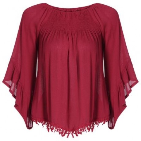 Sexy Off The Shoulder Top Women Blouse Ruffle Sleeve Solid Color Casual Loose T-shirt (BUR