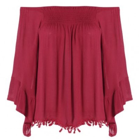 Sexy Off The Shoulder Top Women Blouse Ruffle Sleeve Solid Color Casual Loose T-shirt (BUR