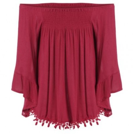 Sexy Off The Shoulder Top Women Blouse Ruffle Sleeve Solid Color Casual Loose T-shirt (BUR
