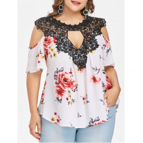 Plus Size Floral Flare Sleeve Blouse (MILK WHITE)