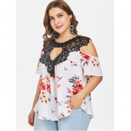 Plus Size Floral Flare Sleeve Blouse (MILK WHITE)