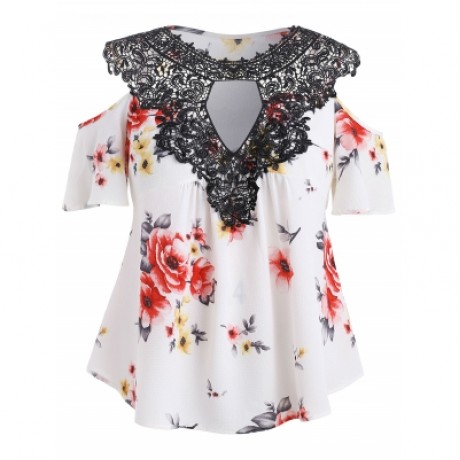 Plus Size Floral Flare Sleeve Blouse (MILK WHITE)