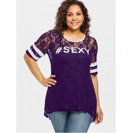 Plus Size Letter Print Lace Dip Hem T-shirt (PURPLE IRIS)