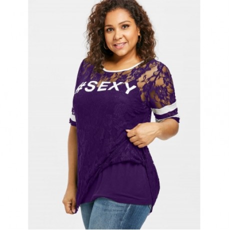 Plus Size Letter Print Lace Dip Hem T-shirt (PURPLE IRIS)