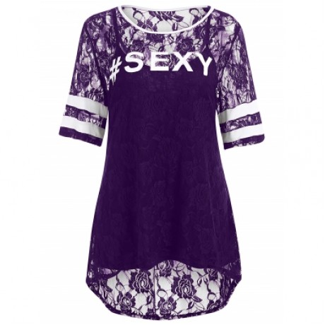 Plus Size Letter Print Lace Dip Hem T-shirt (PURPLE IRIS)
