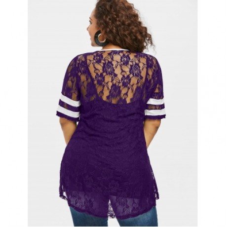 Plus Size Letter Print Lace Dip Hem T-shirt (PURPLE IRIS)