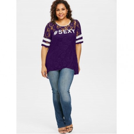 Plus Size Letter Print Lace Dip Hem T-shirt (PURPLE IRIS)