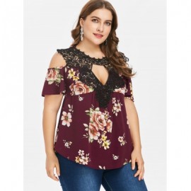 Plus Size Floral Flare Sleeve Blouse (RED WINE)