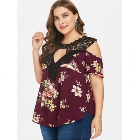 Plus Size Floral Flare Sleeve Blouse (RED WINE)