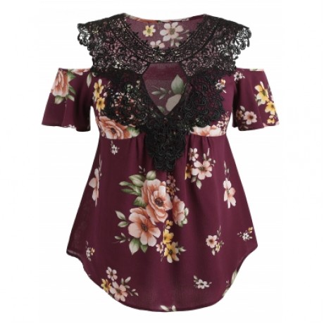 Plus Size Floral Flare Sleeve Blouse (RED WINE)
