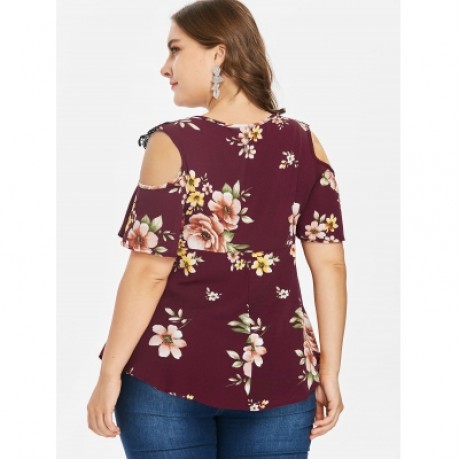 Plus Size Floral Flare Sleeve Blouse (RED WINE)