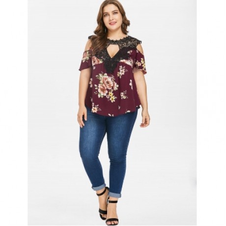 Plus Size Floral Flare Sleeve Blouse (RED WINE)