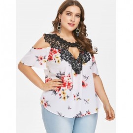 Plus Size Floral Flare Sleeve Blouse (MILK WHITE)