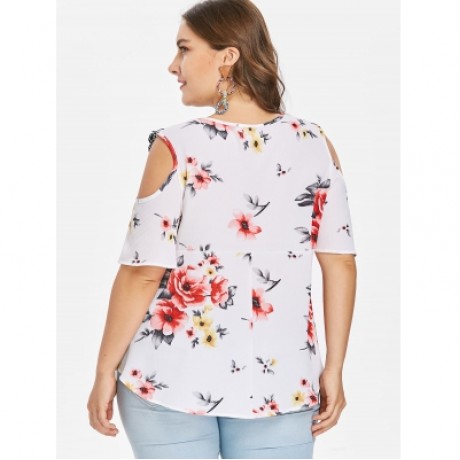 Plus Size Floral Flare Sleeve Blouse (MILK WHITE)