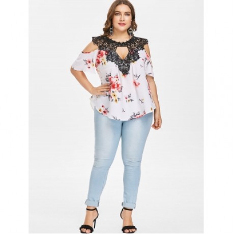 Plus Size Floral Flare Sleeve Blouse (MILK WHITE)
