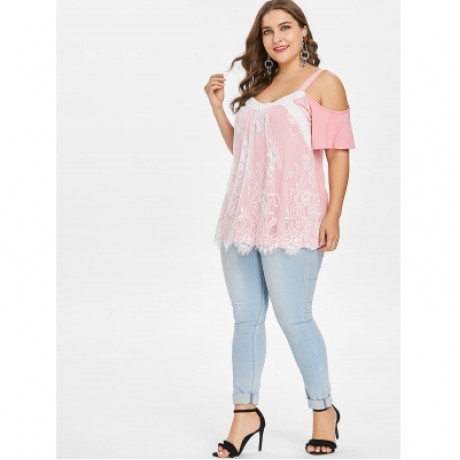 Plus Size Color Blocking Lace Eyelash Top (LIGHT PINK)