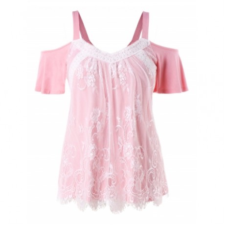 Plus Size Color Blocking Lace Eyelash Top (LIGHT PINK)