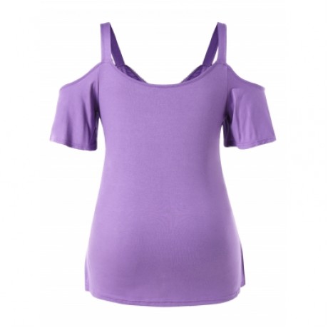 Plus Size Color Blocking Lace Eyelash Top (PURPLE)