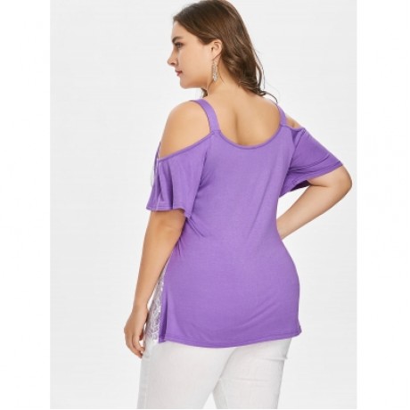 Plus Size Color Blocking Lace Eyelash Top (PURPLE)