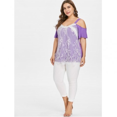 Plus Size Color Blocking Lace Eyelash Top (PURPLE)