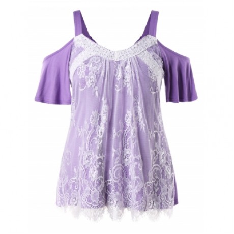 Plus Size Color Blocking Lace Eyelash Top (PURPLE)