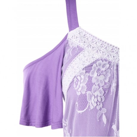 Plus Size Color Blocking Lace Eyelash Top (PURPLE)