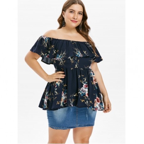Plus Size Print Off Shoulder Flare Blouse (DEEP BLUE)