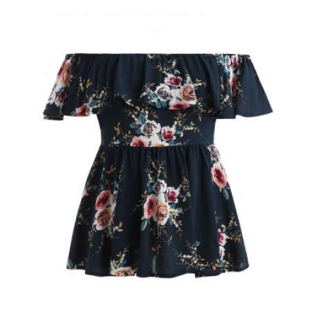 Plus Size Print Off Shoulder Flare Blouse (DEEP BLUE)
