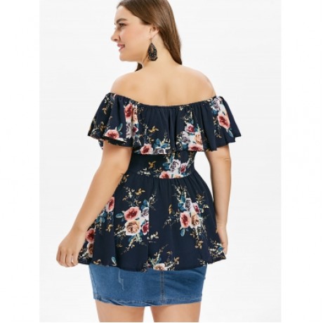 Plus Size Print Off Shoulder Flare Blouse (DEEP BLUE)