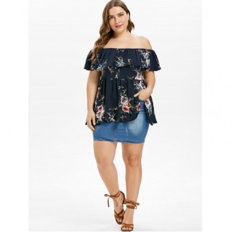 Plus Size Print Off Shoulder Flare Blouse (DEEP BLUE)