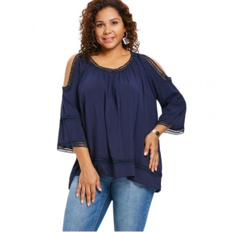 Plus Size Open Shoulder Crochet Trim Blouse (CADETBLUE)