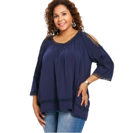 Plus Size Open Shoulder Crochet Trim Blouse (CADETBLUE)