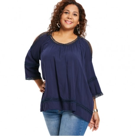 Plus Size Open Shoulder Crochet Trim Blouse (CADETBLUE)