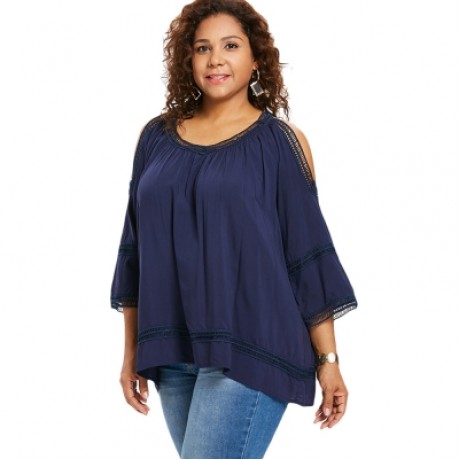 Plus Size Open Shoulder Crochet Trim Blouse (CADETBLUE)