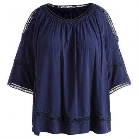 Plus Size Open Shoulder Crochet Trim Blouse (CADETBLUE)