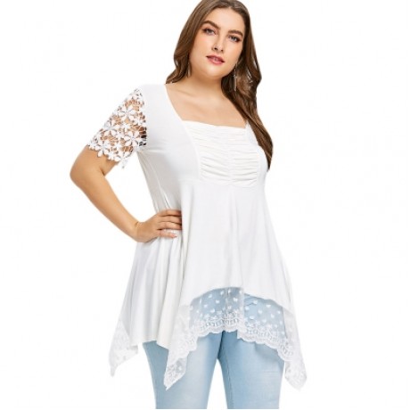 Plus Size Square Neck Lace Trim Handkerchief Hem T-shirt (WHITE)