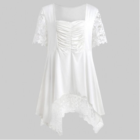 Plus Size Square Neck Lace Trim Handkerchief Hem T-shirt (WHITE)