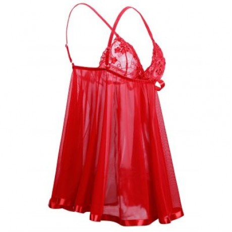 Plus Size Embroidery Mesh Babydoll  (LOVE RED)