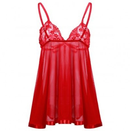 Plus Size Embroidery Mesh Babydoll (LOVE RED)