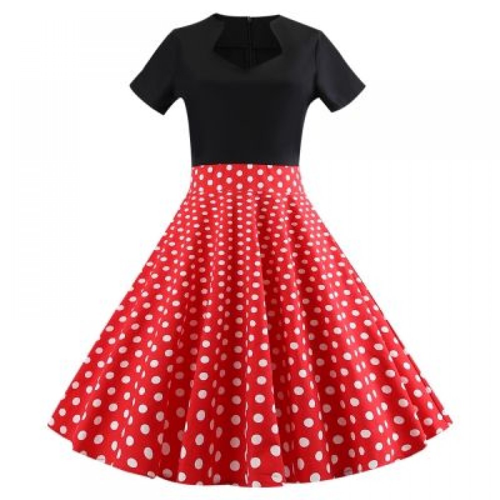 Short Sleeve Plus Size Polka Dot Vintage Women Pleated Dress (LOVE RED)