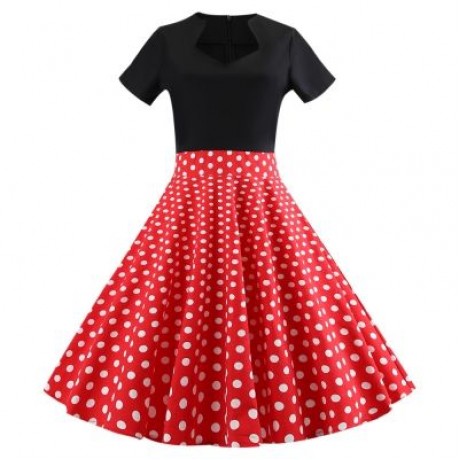 Short Sleeve Plus Size Polka Dot Vintage Women Pleated Dress (LOVE RED)