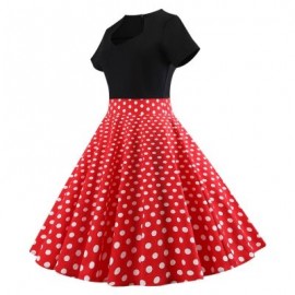Short Sleeve Plus Size Polka Dot Vintage Women Pleated Dress (LOVE RED)