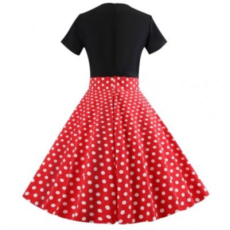 Short Sleeve Plus Size Polka Dot Vintage Women Pleated Dress (LOVE RED)