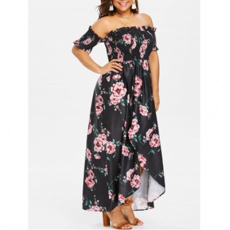 Plus Size Floral Print Empire Waist Dress (BLACK)