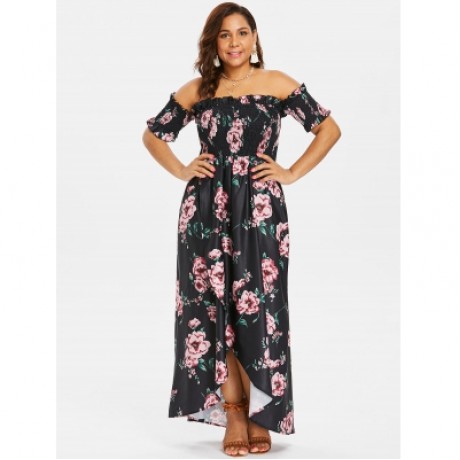 Plus Size Floral Print Empire Waist Dress (BLACK)