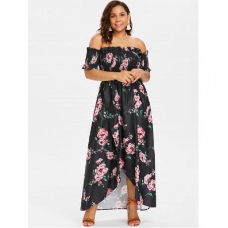 Plus Size Floral Print Empire Waist Dress (BLACK)
