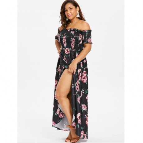 Plus Size Floral Print Empire Waist Dress (BLACK)